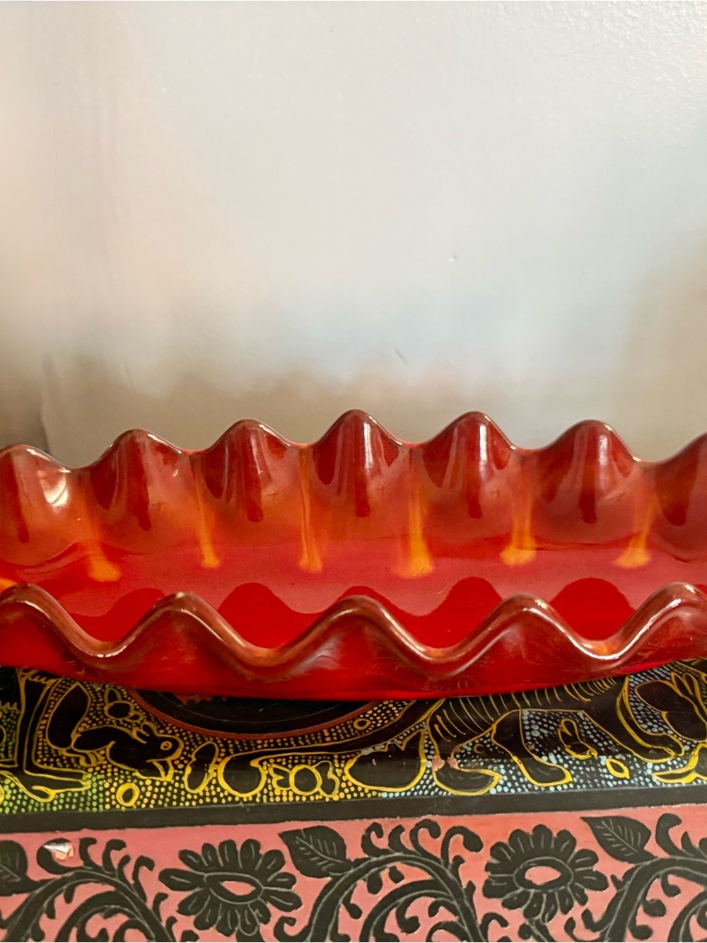 Vintage MCM Canadian Art Pottery Leaf Tray – Fiery Flame Orange Drip Glaze